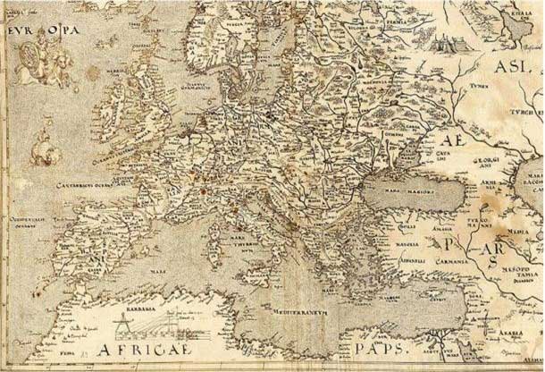 In a 1570 map of Europe, the island of Hy-Brasil is depicted in a different location.
